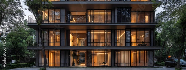Fototapeta A modern office building with large windows and balconies
