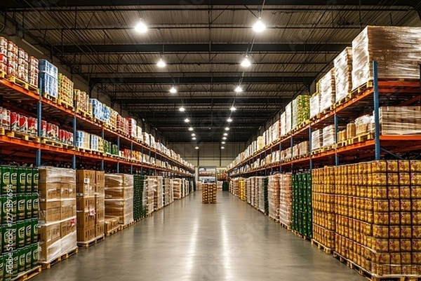 Fototapeta Spacious food storage warehouse with clean aisles, ideal for showcasing efficient organization and inventory management.