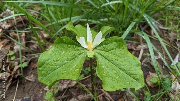 Fototapeta Close-up of a white Trillium albidum covered in rain water droplets