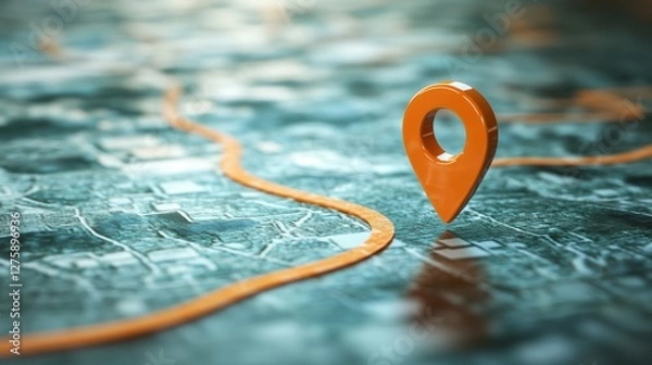 Fototapeta Orange map pin on a route. Illustrates navigation, journey, or destination concepts.