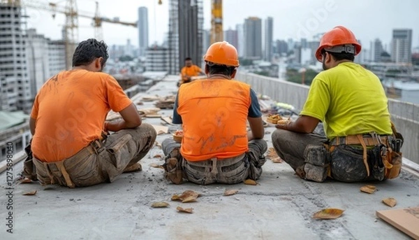 Obraz Amidst the skeletal embrace of towering cranes and the nascent framework of a future skyscraper, a trio of construction workers finds a moment's respite Bathed in the warm embrace of the midday sun