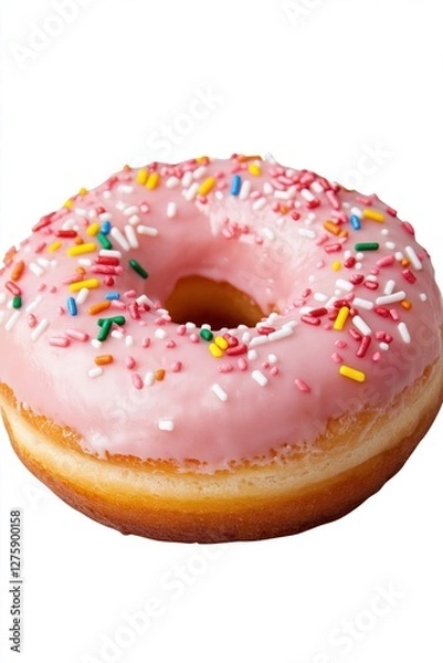 Fototapeta A pink frosted doughnut with sprinkles on top. The doughnut is sitting on a white background
