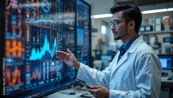 Fototapeta Scientist Analyzing Data on Large Monitors in Modern Laboratory