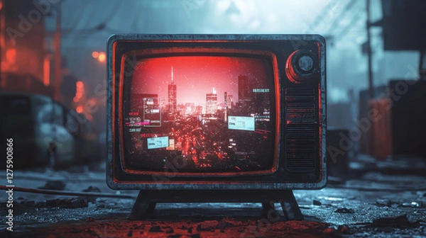 Fototapeta Vintage TV displaying futuristic news with glitch effects and neon colors in a cinematic setting