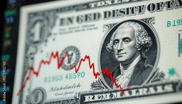 Fototapeta One Dollar Bill Close Up with a Sharp Red Downtrend Graph Showing Economic Recession