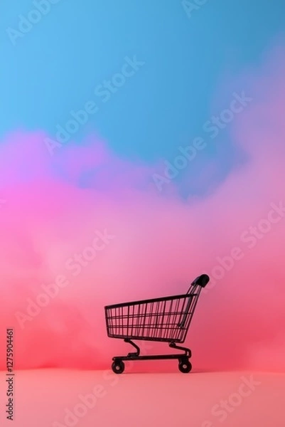 Fototapeta A shopping cart is sitting in front of a pink and purple sky. The cart is black and has a silver handle. The sky is filled with smoke, giving the scene a surreal and dreamlike quality