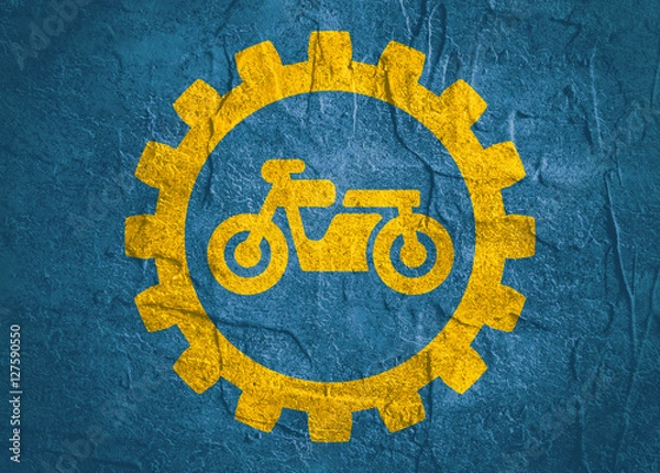 Fototapeta Motorcycle icon in gear. Minimalistic sign on concrete textured background. Trendy Flat style for graphic design
