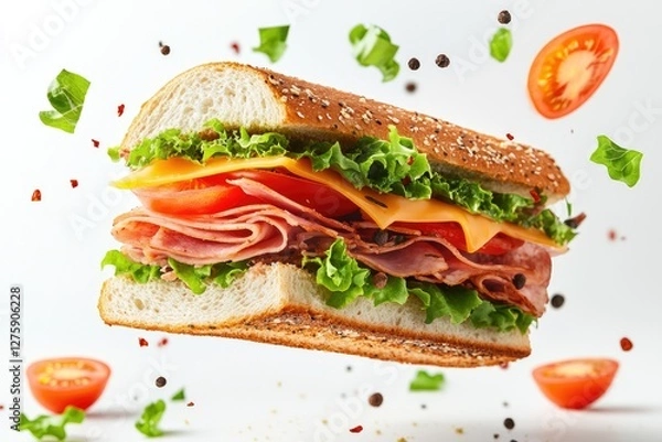 Fototapeta Hoagie sandwich suspended in mid-air with layers of fresh ingredients scattering around against a clean white background