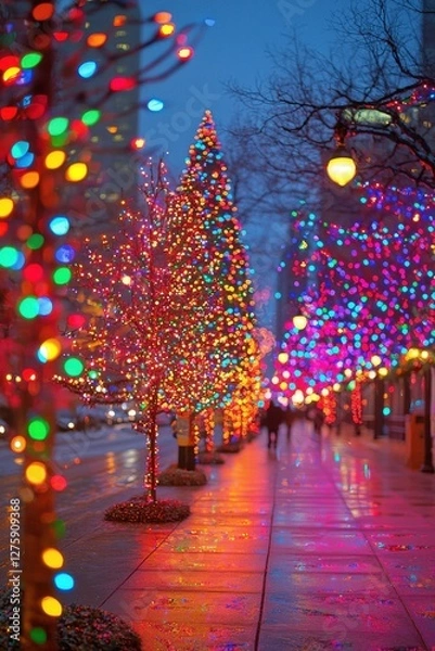 Fototapeta Colorful holiday lights illuminate a city street during the evening in winter