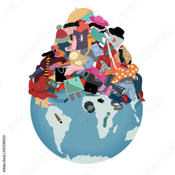 Fototapeta Earth planet with a Pile of Useless, Old, Cheap, and Oumoded Cothes on it. Clothes recycle and environment issues concept. Vector isolated illustration