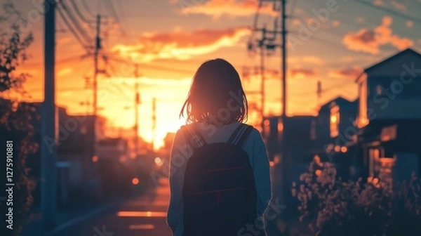 Obraz Sunset Stroll: A girl walks home silhouetted by a vibrant sunset in a residential neighborhood.