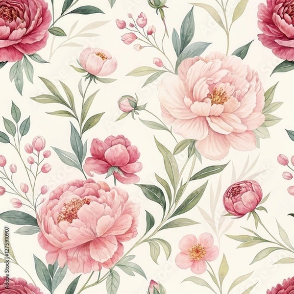 Obraz Elegant Pink Peony Watercolor Seamless Pattern