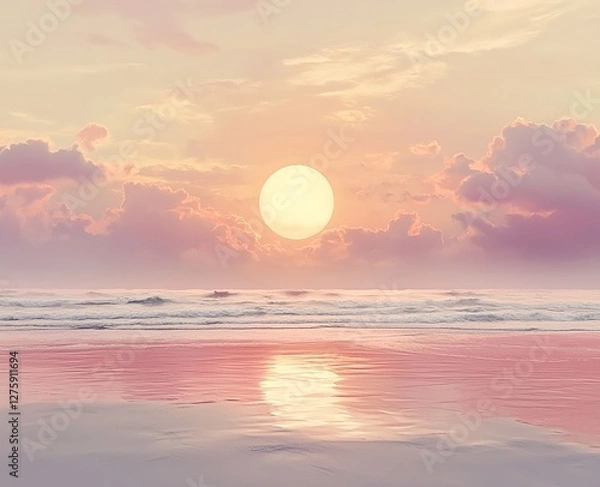 Fototapeta Sunrise on the beach with gentle waves and golden skies in soft pinks and oranges