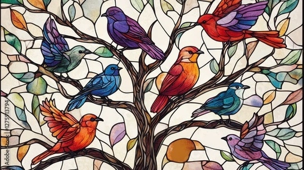 Fototapeta Stylized birds in a tree, stained glass watercolor, rich jewel hues, intricate feather textures, organic flowing branches, centered on a white background 