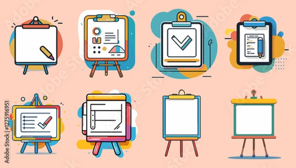 Fototapeta Sets icon collection of different illustrations of clipboards and easels with various designs, including checklists, charts, and blank pages, all set against a colorful background.