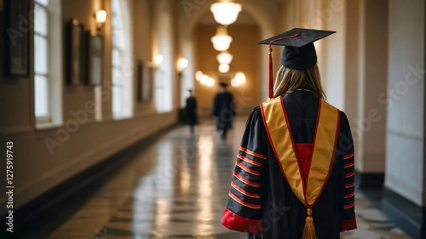 Fototapeta A girl, univesity graduate wearing graduation cap and gown is walking to graduation ceremony to receive university diploma