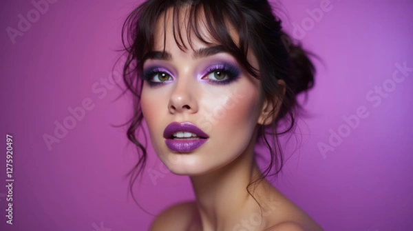 Obraz Beautiful young brunette woman with bright purple makeup on purple background, beauty and style concept