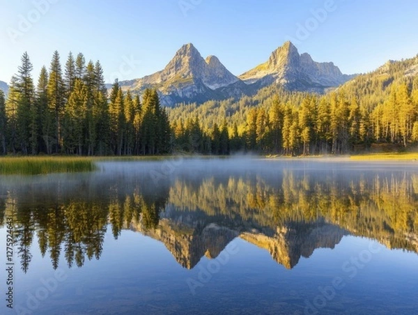 Fototapeta Glass-like lake mirrors towering pine trees beneath gentle morning mist, fostering tranquility and a deep bond with nature's pristine essence.