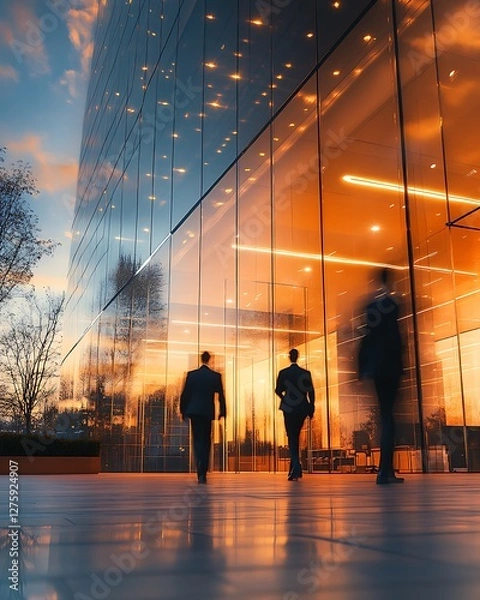 Fototapeta Futuristic business center featuring high glass architecture in a modern urban setting.