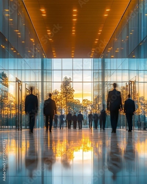 Fototapeta Futuristic business center featuring high glass architecture, ideal for modern corporate visuals.