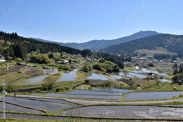 Obraz 	田植え間近な、坂折の棚田