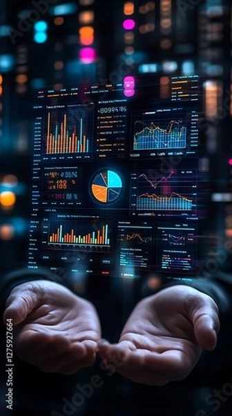 Fototapeta High-quality 3D financial analytics dashboard featuring data visualization elements.