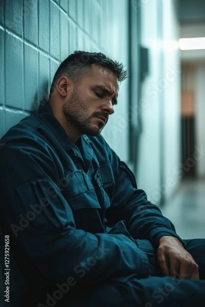 Fototapeta [Man in blue clothes leaning on a wall looking tired]