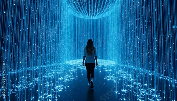 Obraz Immersive Digital Rain Room – Interactive Light Droplet Experience.