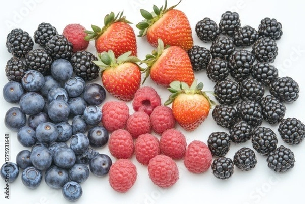Obraz A collection of fresh berries and raspberries arranged on a white background