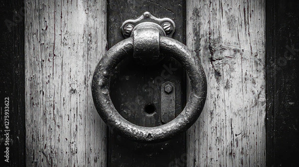 Fototapeta Close-up view of vintage door knocker on weathered wooden building entrance