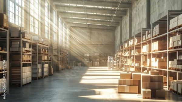Fototapeta A spacious warehouse filled with organized shelves and boxes, illuminated by sunlight streaming through large windows.