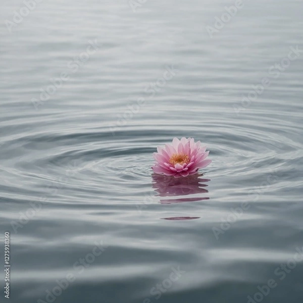 Obraz A minimalistic ocean scene with only a single pink flower floating on the surface, set on white.