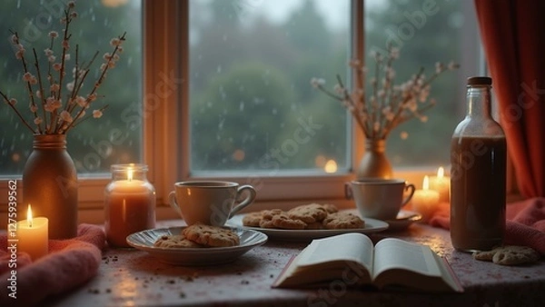 Fototapeta   A cozy indoor setting for a rainy day dinner., ultra detailed, 8k resolution, HDR, professional