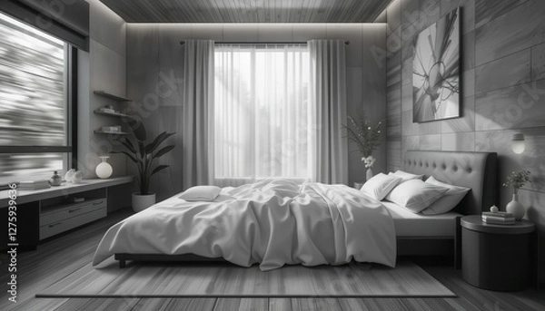 Fototapeta Modern Monochromatic Bedroom Interior Design Serene Minimalist Bed with Large Window and Abstract