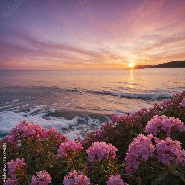 Fototapeta A golden sunset over a crystal-clear ocean, framed by pink and purple flowers, all with a white backdrop.