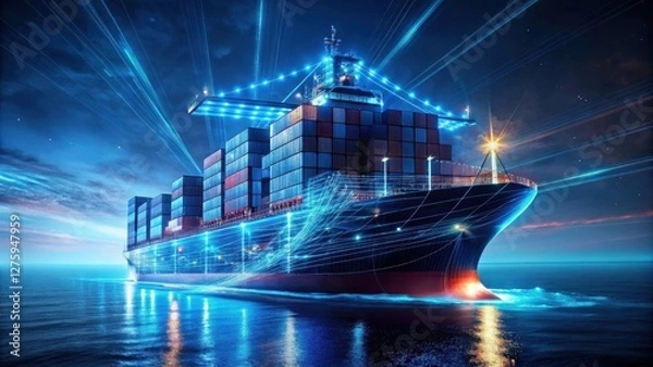 Fototapeta Global Maritime Logistics A Vessel Illuminated by Digital Connectivity at Night