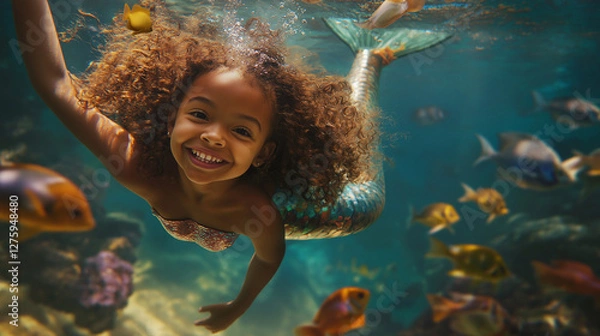 Fototapeta A little mixed-race girl with curly hair, smiling, with a mermaid tail at the bottom of an aquarium, swimming around corals
