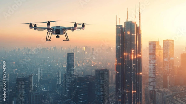 Fototapeta Smart city future logistic isometric landing page. Drone delivery cargo on conveyor belt at modern neon buildings. Goods transportation service, export, import trade 3d vector illustration, web banner