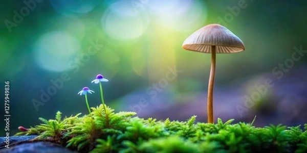 Fototapeta A single mushroom emerges from vibrant green moss, accompanied by delicate blue wildflowers in a soft-focus natural setting.