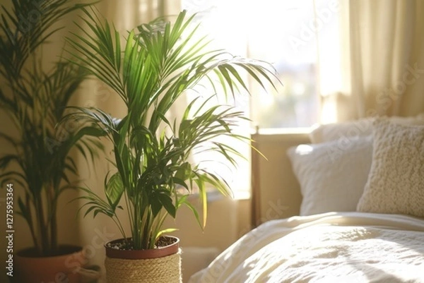 Fototapeta A potted plant sits on the edge of a bed, illuminated by natural light streaming in through the window