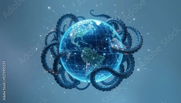 Fototapeta Bioluminescent octopus floating around glowing Earth