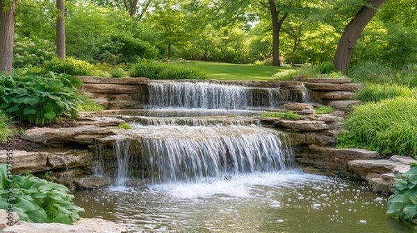 Fototapeta A cascading waterfall in a lush green forest, symbolizing the theme of nature and purity.