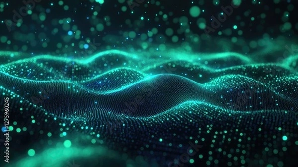 Fototapeta A futuristic scatter plot with neon green and blue points glowing on a dark digital grid.