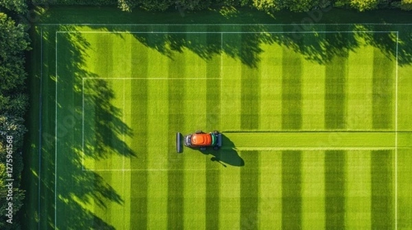 Obraz Straight down aerial drone photo of a man cutting the grass of a British rugby pitch in the summer time showing the mower going down the sports field