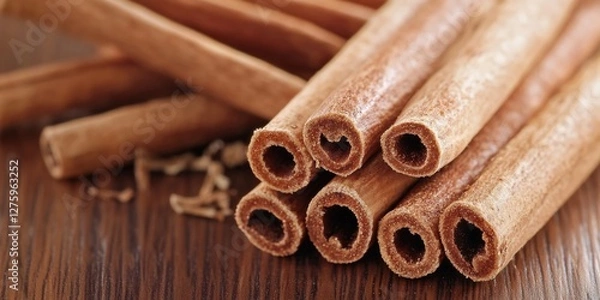 Obraz Pile of cinnamon sticks arranged neatly on a wooden table