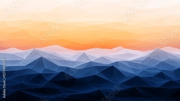 Fototapeta Abstract geometric landscape with layered mountains and a vibrant sunset sky in the background
