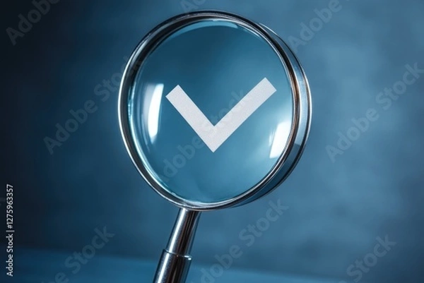Fototapeta A detailed image of a magnifying glass with a checkmark symbol on the lens, useful for highlighting findings or verifying authenticity