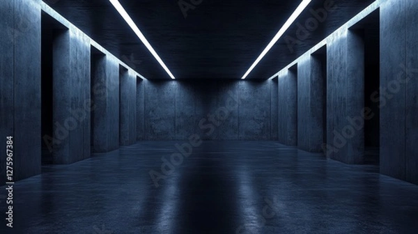 Fototapeta Dark, modern interior space with concrete walls and illuminated ceiling lines, evoking a minimalist aesthetic