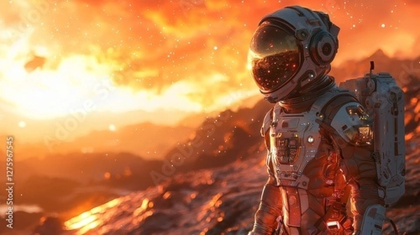 Fototapeta A futuristic astronaut in a sleek, colorful spacesuit with glowing accents, standing on the surface of an alien planet, with vibrant nebulae and distant stars in the background