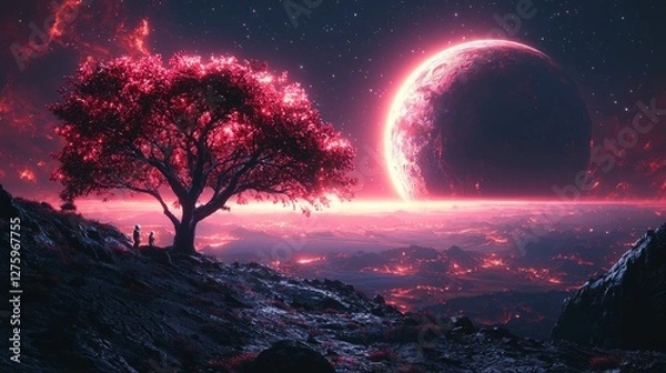 Fototapeta A futuristic space scene of astronauts planting trees on the surface of Mars, symbolizing hope and environmental sustainability, with a mix of deep reds, blues, and cosmic whites
